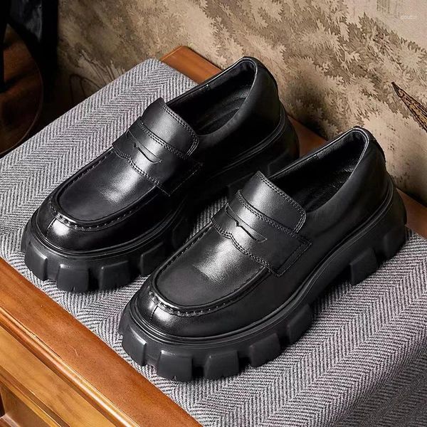 Anzugschuhe Junge schwarze britische Loafer Herren Trend All Match dickbesohlte runde lässige Herren helles Leder