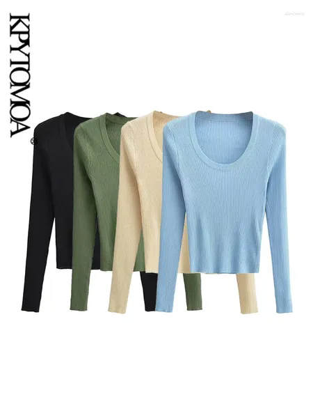 Maglieria da donna KPYTOMOA Moda donna Basic aderente a coste Maglione lavorato a maglia Vintage O Collo Manica lunga Pullover donna Chic Top