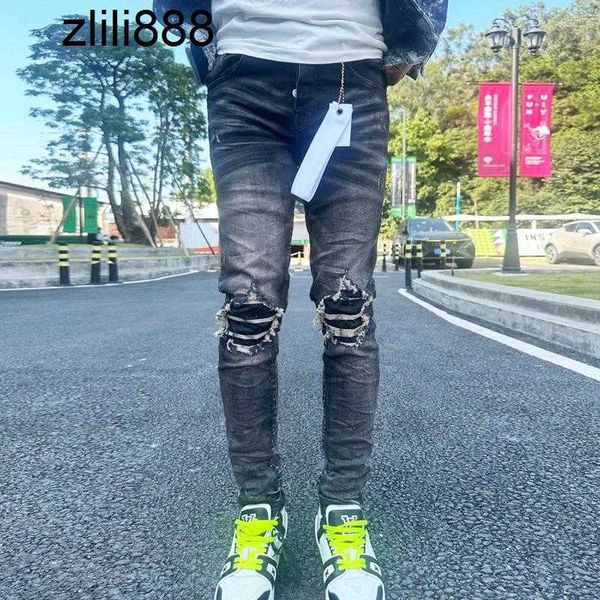 Herren Jeans Street Fashion Lila Retro Schwarz Grau Stretch Skinny Fit Knopfleiste Zerrissene Männer gepatcht Designer Hip Hop Marke Hosen