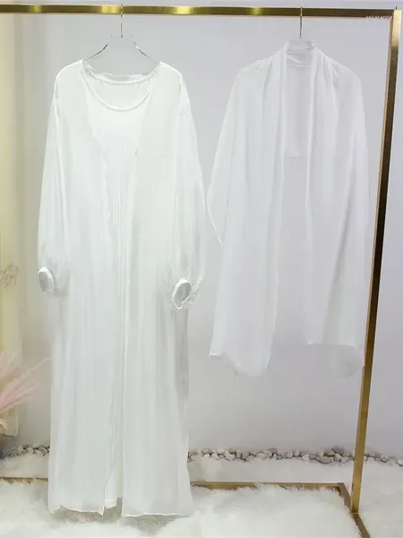 Etnik Giyim Ramazan Eid Mubarek Kadın Beyaz Abaya 3 Parça Müslüman Setleri Kaftan Türkiye İslam Hijab Elbise Kimono Topluluklar Musulmanlar