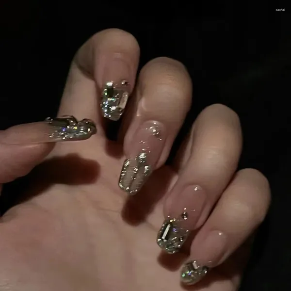 Unhas falsas feitas à mão moda strass longo quadrado capa completa pontas de unhas falsas atacado OEM personalizado push press no fornecedor