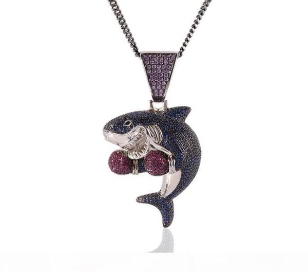 Iced Out Boxing Shark Anhänger Halskette Mode Herren Hip Hop Halskette Schmuck Gold Silber Kubanische Kette Halsketten9928163