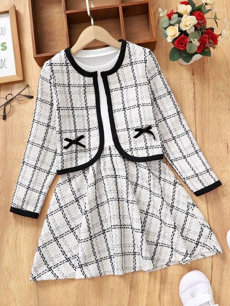 Mädchen Kleider Kinder Plaid Mantel Langarm Kleid Für Mädchen Frühling Herbst 2024 Kind Oansatz Adrette A-linie Outwear Kleidung Sets