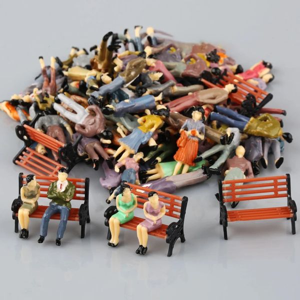 50 pçs modelo trem o escala banco cadeira sentado em pé pessoas figuras rua parque layout plástico artesanato decoração para casa crianças brinquedos 240130