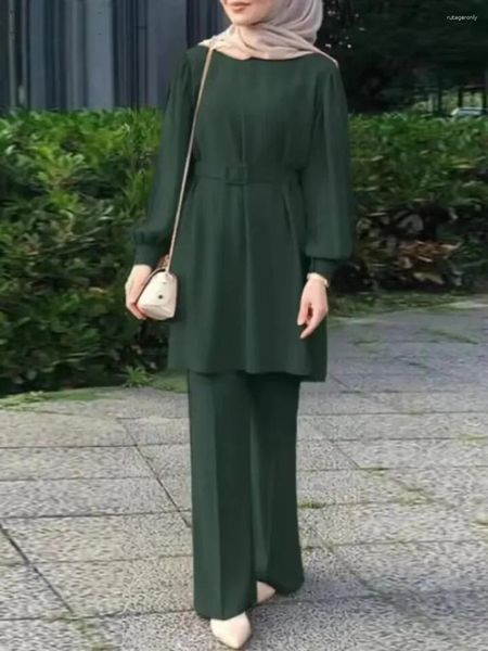 Roupas étnicas Mulheres Árabes Eid Muçulmano Duas Peças Set Lace-up Blusa Calça Musulman Conjunto Cinto Conjuntos de Correspondência Botão Camisa Femme Abaya