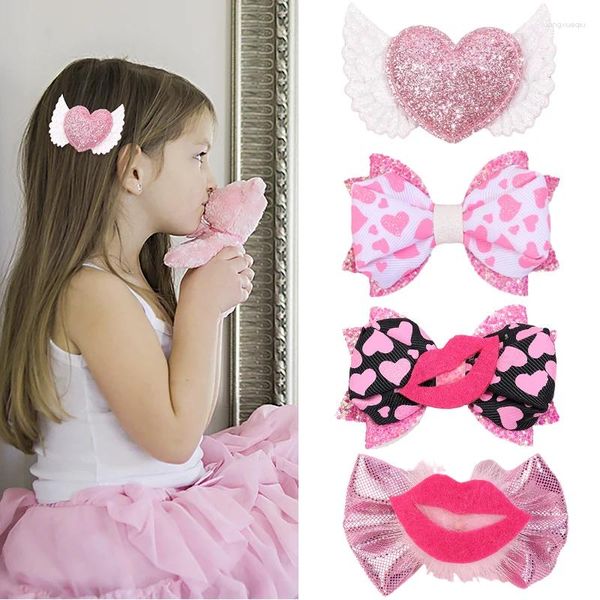 Accessori per capelli Oaoleer 2 pz/set Cute Glitter Love Wings Forcina per bambini Ragazze Red Lip Bow Clips Copricapo per bambini