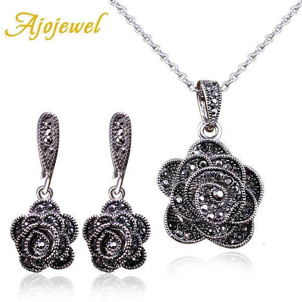 Ajojewel Marca Parure Bijoux Elegante cristallo rosa fiore collana orecchini neri set di gioielli vintage per le donne 240122