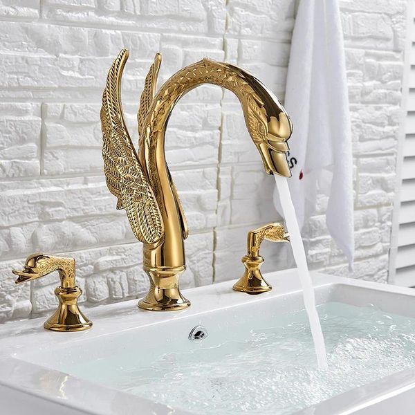 Rubinetti per lavandino del bagno Vidric Luxury Golden Swan Rubinetto per lavabo Doppi manici Miscelatore acqua fredda Lavaggio WC