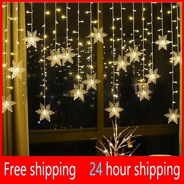 Cordas 3.8m Luzes de Natal LED Fada String Floco de Neve Cortina Garland À Prova D 'Água para Festa de Férias Decoração de Natal 2024