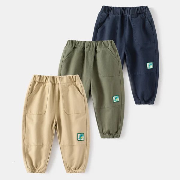 Coreano Primavera Autunno Bambini Ragazzo Pantalone in cotone Dinosauro Adesivo Bambino Pantaloni Solido Elastico in vita Young Kid Cargo 240131