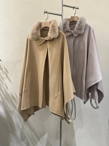 Damenjacken 2024 Herbst Winter Wolle Cape Mantel L P Pelzkragen Schaffell Breiter Gürtel Manteljacke