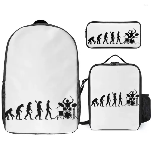 Rucksack Evolution Drummer zu verkaufen 3-in-1-Set 17-Zoll-Lunchtasche Stift Langlebiger Infanterierucksack Gemütliche Sommercamps Grafik Vintage