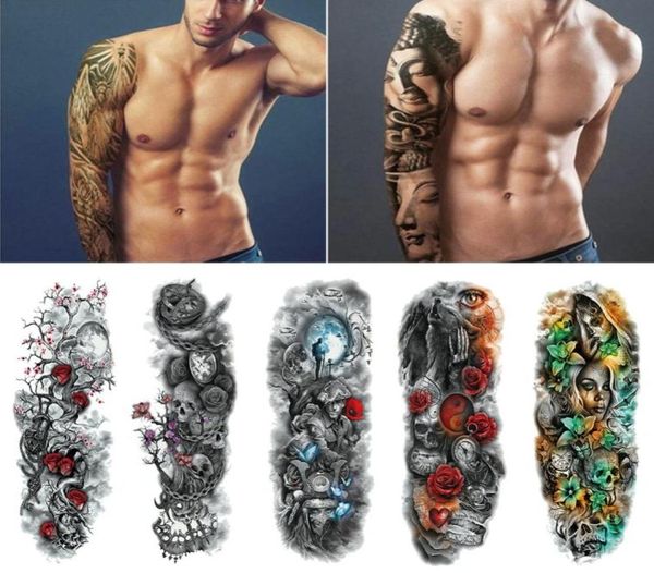 100 fogli grande manica del braccio tatuaggio leone corona re rosa adesivo tatoo temporaneo impermeabile lupo selvaggio tigre uomo cranio completo totem Tat6914689