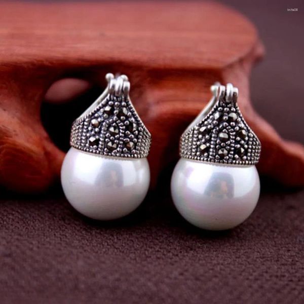 Stud Küpe Jade Angel 925 STERLING Gümüş Kabuk İnci Drop Hoop Thai Vintage Mücevher Alentine Günü Hediyeler Doğum Günü