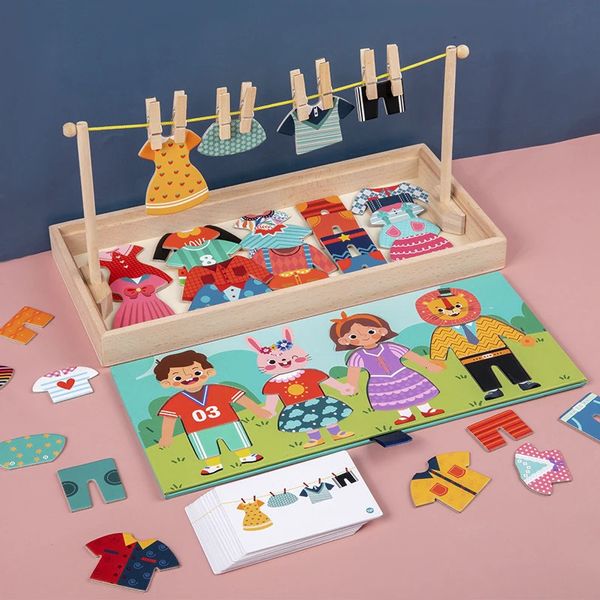 Rack de secagem roupas vestir quebra-cabeça pensamento lógico correspondência classificação jogo educativo crianças montessori brinquedos de madeira meninas 240124