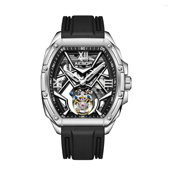 Наручные часы Aesop 7059 Мужские часы с летающим турбийоном, двусторонние резные полые суперсветящиеся сапфировые механические часы