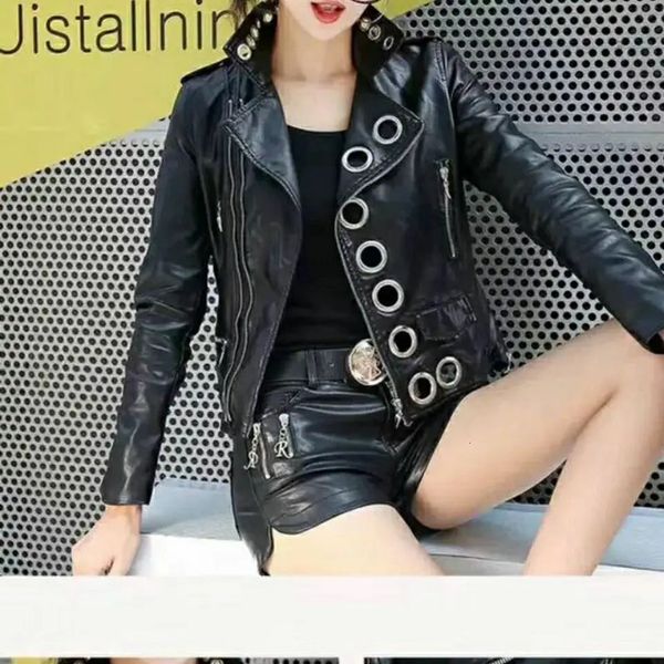 Женская весенне-осенняя модная тонкая куртка из искусственной кожи S M L XL XXL 3XL черное женское короткое пальто высокого качества 240126