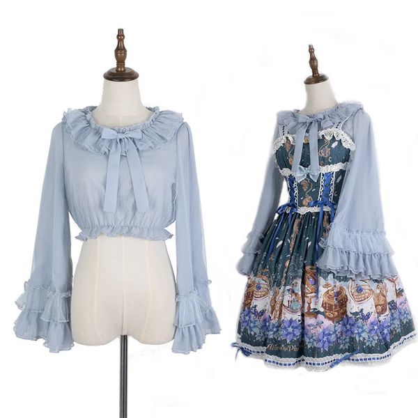 Japonês doce lolita blusas mulheres kawaii laço arco plissado colarinho curto topo meninas verão casual solto manga longa chiffon camisas 240126