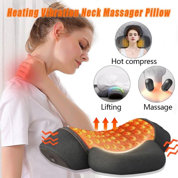 Travesseiro elétrico de massagem no pescoço, aquecimento, vibração, massageador de pescoço, costas, tração cervical, relaxamento, espuma de memória, suporte para coluna 240202
