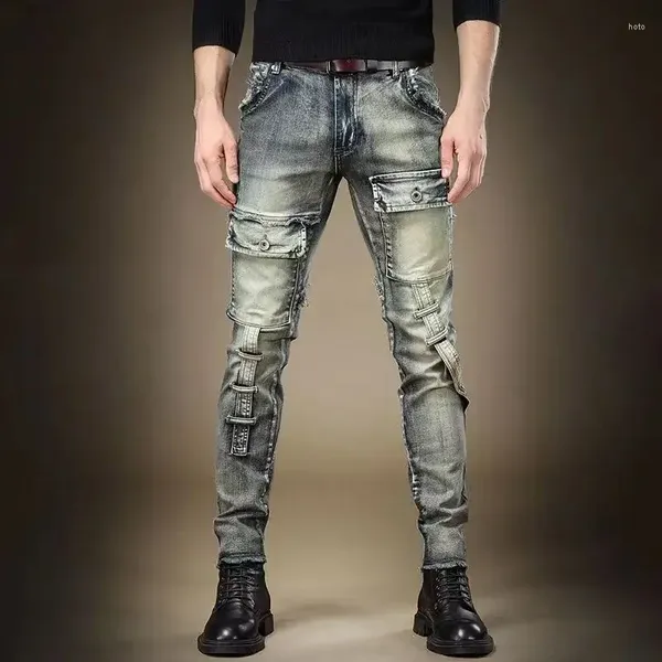 Calças de brim masculinas para homens punk skinny masculino cowboy calças apertadas calças emendadas retas slim fit motocicleta y 2k vintage