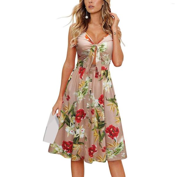 Vestidos casuais mulheres moda floral sem mangas sundress v pescoço gravata nó frente espaguete cinta verão uma linha doce cintura alta