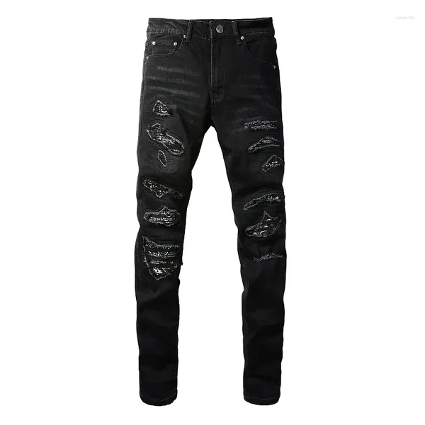 Herrenjeans EU Drip Denim Schwarz Distressed Scratched Bandana Patches Slim Fit Beschädigte Löcher Stretch Ripped