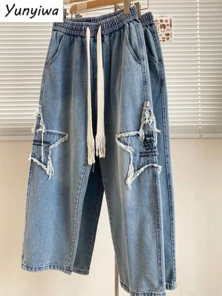 Jeans masculinos retro estrela remendo homens mulheres soltas na moda denim calças americanas high street hip-hop casual cordão reto