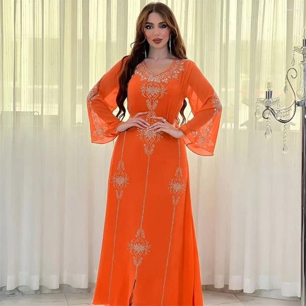 Roupas étnicas 2024 Eid Mulheres Vestido Muçulmano Chiffon Kaftan Dubai Long Abaya Frisado Vestidos de Festa de Noite Turquia Hijab Robe Ramadan Islam