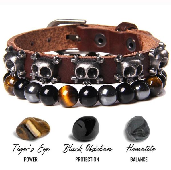 Fili di perline Bracciale con teschio rock gotico punk Braccialetti con pietra occhio di tigre naturale per uomo Ematite Ossidiana Bilancio energetico Pelle3205828