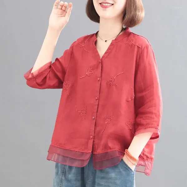 Kadın Bluzları 2024 Retro Pamuk Keten Gömlek Üstler Edebiyat İpliği İşlemeli Gömlek Boş Zaman Dişli Organza İnce Bluz Üst Blusas