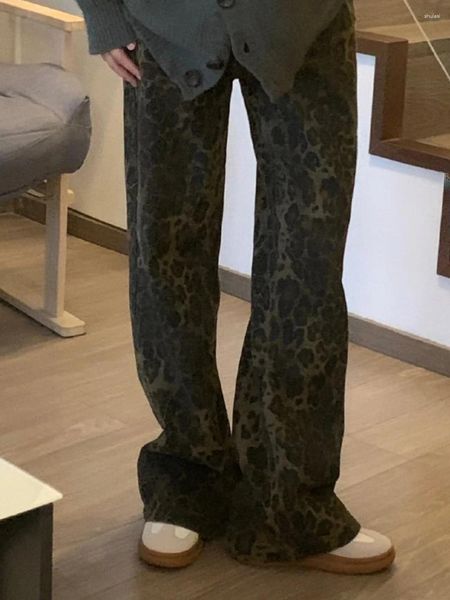Jeans da donna American Retro Dark Leopard Print Pantaloni dritti alla moda di strada a vita alta Pantaloni larghi da donna Harajuku Girl