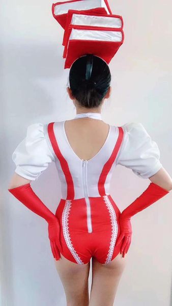 Sahne Giyim Seksi Kişilik Beyaz Kırmızı Büyük Yay Baskılı Bodysuits Rol Yapma Öğretmen Kostüm Sıska Şarkıcı Dansçı Leotard Kıyafet