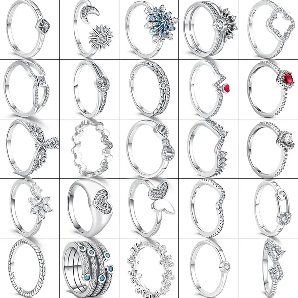 Clusterringe 925 Sterling Silber Original Charms Pantaro Schneeflocke Herzschlag Krone CZ Funkelnder Ring Europa Feiner Schmuck DIY Herstellung