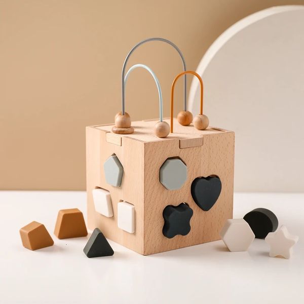 Montessori Puzzle Educativo Giocattolo impilabile Scatola di legno Blocchi di forma geometrica in silicone Giocattoli coordinati per bambino bambino Gam 240124