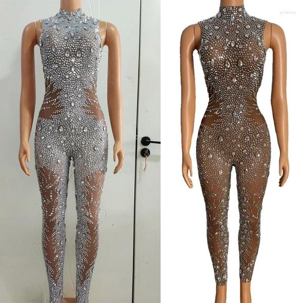 Bühnenkleidung Sparkly Full Silver Rhinestones Jumpsuit Sexy Perspektive Gogo Dance Kostüm Frauen Abend Party Outfit Rave XS7582