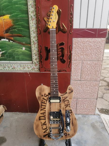 Kalıntı elektro gitar, siyah mat kafa, vücudun önünde ve arkasında ağaç deseni, ağır kalıntı elektro gitar, stokta