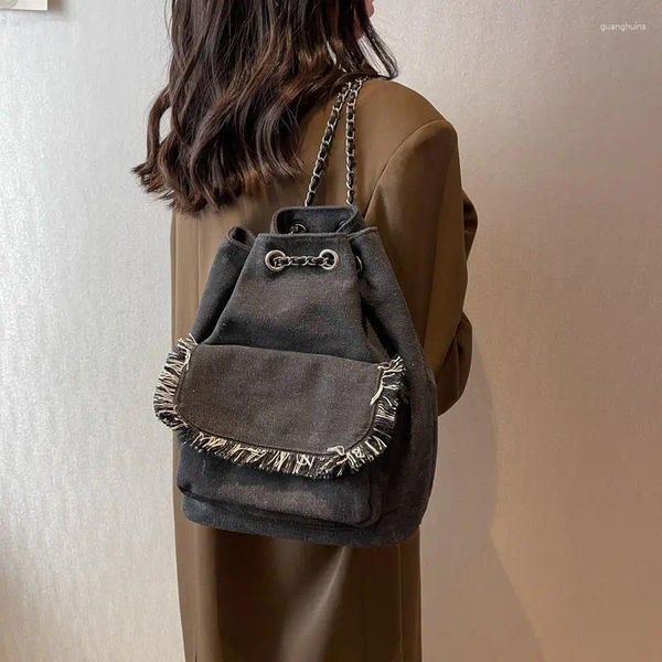 Schultaschen Koreanische Casual Leinwand Kette Eimer Tasche 2024 Hohe kapazität Kordelzug Rucksack Mode Shopping Reise Rucksack