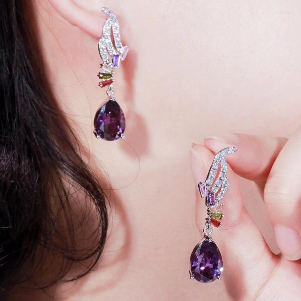 Dangle Brincos QooLady Lindo Roxo Gota de Água Místico Cubic Zirconia Cristal Multi Color Lady Long Wing Brinco Mulheres CZ Jóias E038