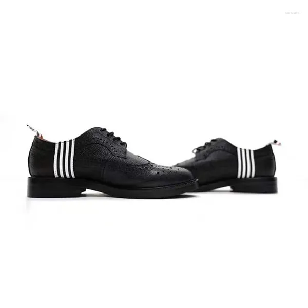 Sapatos de vestido 4-bar listra preto seixo bezerro longo-asa brogues negócios casuais tênis feitos à mão couro genuíno