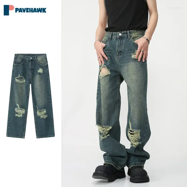 Jeans masculinos homens retro buraco quebrado mulher primavera outono alta rua lavagem denim calças americano hip hop unisex casual calças largas perna