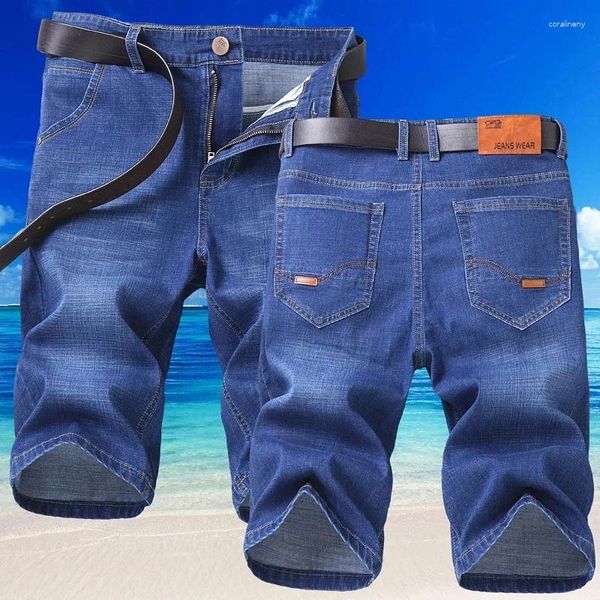 Jeans masculinos 2024 azul macio denim curto para homens mens verão estiramento leve jean joelho comprimento calças