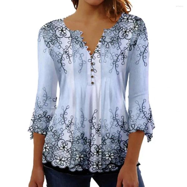 Blusas femininas estampa floral camisa de manga de três quartos solto ajuste feminino topo elegante blusa com decote em v pulôver para a primavera