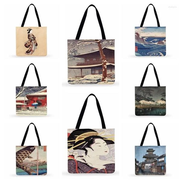 Сумки для покупок, женская повседневная сумка-тоут, японская гейша с художественным принтом, женская сумка на плечо, складная уличная модная пляжная сумка
