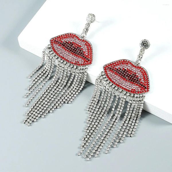 Brincos Dangle Tamel Lip Tassel Strass Red Chain Long For Women Embelezed Crystal Day's Day Jewelry Acessórios