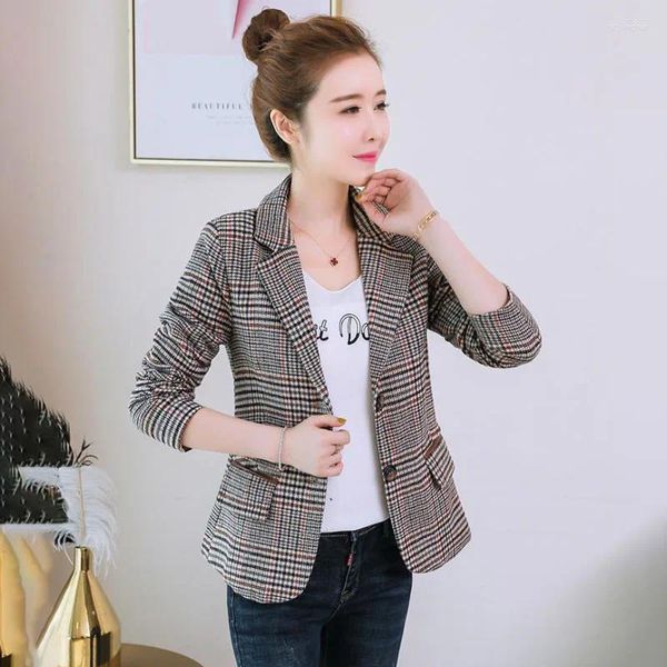 Frauen Anzüge Plaid Woolen Blazer Jacke Kurze Outwear 2024 Frühling Koreanische Dünne Anzug Kragen Zweireiher Casual Tops