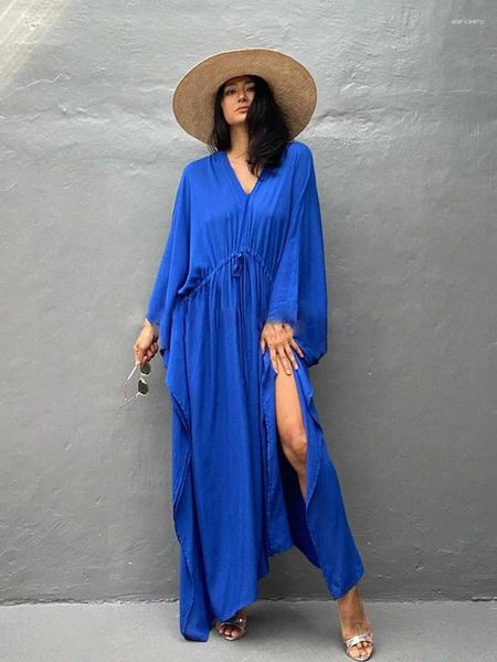 Damenbadebekleidung 2024 Elegante solide Kaftan Lange blaue Tunika Lose Maxikleid Frauen Sommerkleidung Strandkleidung Badeanzug Cover Up A1984