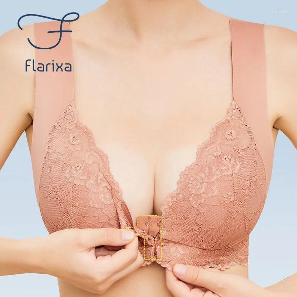 Sutiãs flarixa tamanho grande push up sutiã sexy renda para mulheres fio livre fivela frente grande busto roupa interior invisível backless bralette