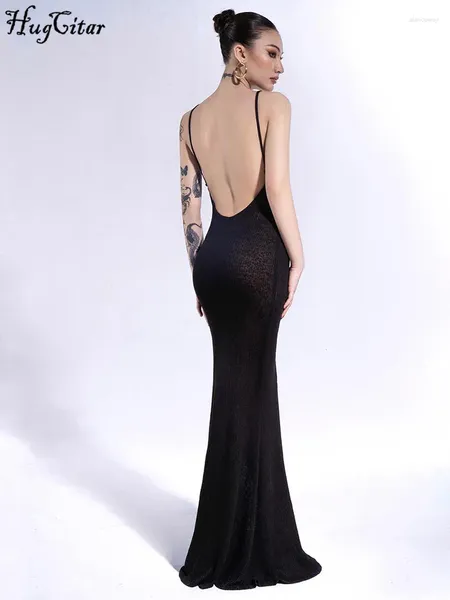 Abiti casual Hugcitar Slip Solido senza maniche Backless See Through Maxi Dress Sexy Skinny Streetwear 2024 Summer Party Club Abiti eleganti