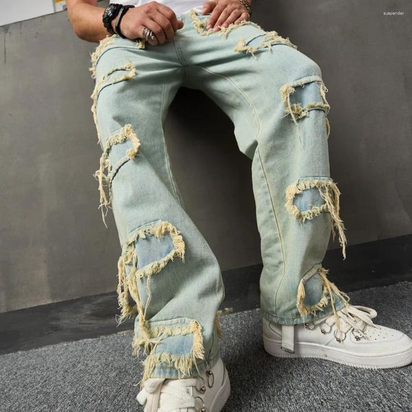 Jeans da uomo Pantaloni larghi con toppe strappate stile retrò alla moda Pantaloni da motociclista dritti casual solidi da motociclista