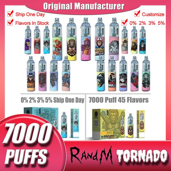 Original RandM Tornado Puffs 7000 Dispositivos Descartáveis ​​E Cigarros Pod 7000 Puffs Bateria Potente 14ml Cartucho Preenchido Bobina de Malha RGB Light Vape Pen Kit Randm 7K